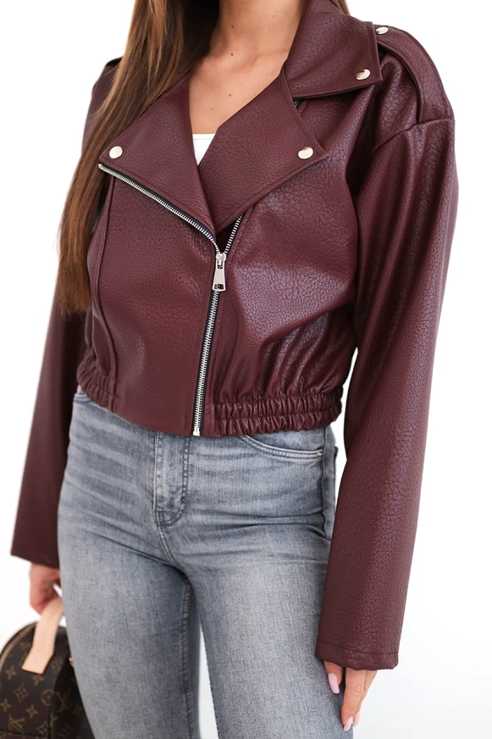 Women's faux leather biker jacket with zipper burgundy