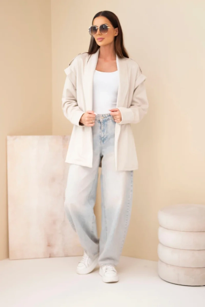 Women's suede viscose coat with belt and epaulets beige
