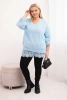 Women's set with a V-neck sweater and a viscose blouse with a lace bottom blue