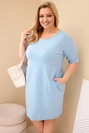 Sukienka damska Plus Size z bawełną o prostym kroju i rękawem 3/4 niebieska