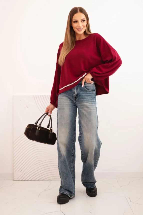 Damenpullover mit dekorativem Abschluss unten bordeaux