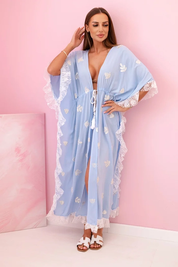 Dámská boho viskózová pláštěnka s krajkou modrý