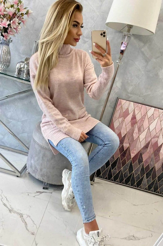 Sweater with stand-up collar light powdered pink