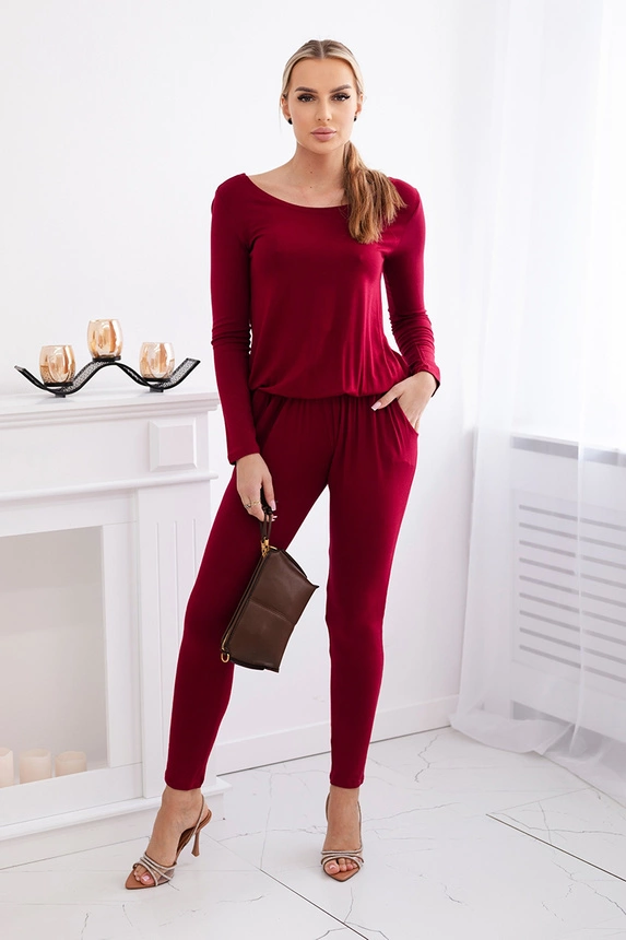 Waisted viscose jumpsuit burgundy