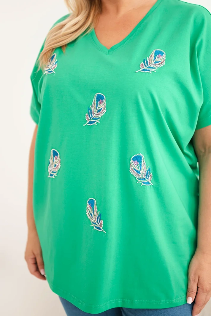 Bluzka damska bawełniana Plus Size z piórkami zielona
