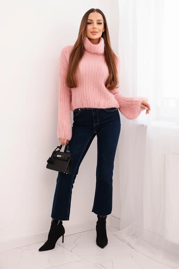 Damenpullover aus Mohair mit Puffärmeln und Rollkragen rosa puder