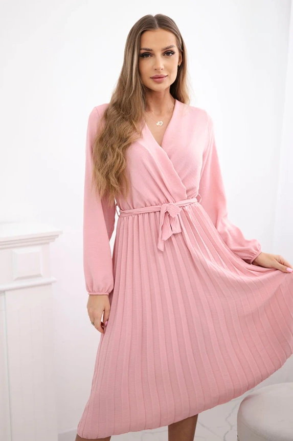 Dress tied with a pleated hem dark powder pink