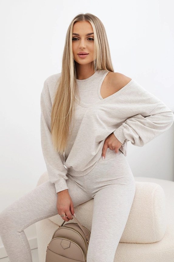 3-teiliges Set Bluse + Top + Leggings beige meliert
