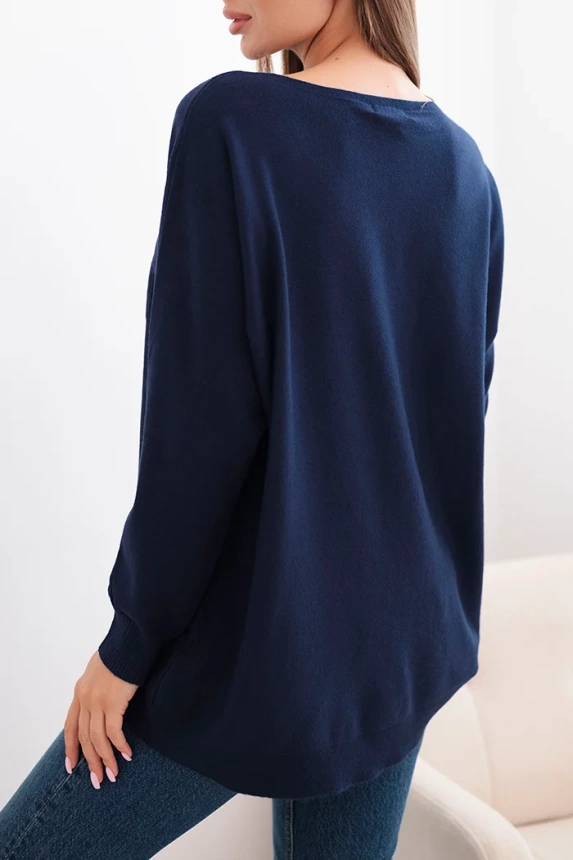 Women's sweater with a longer back and embossed star navy blue