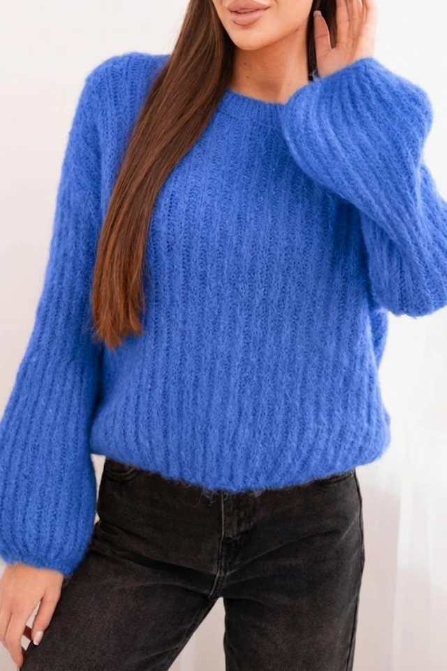 Sweter damski z moheru z bufiastymi rękawami ciemny jeansowy