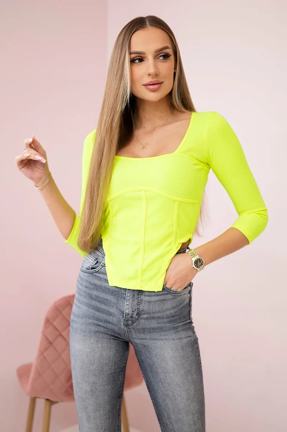 Ribbed blouse with a neckline yellow neon