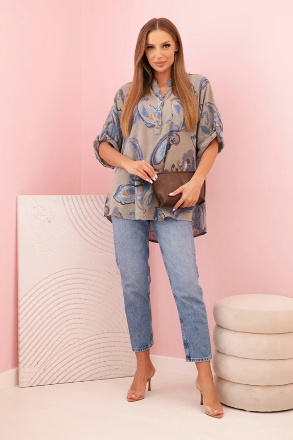 Women's cotton blouse with decorative print and rolled-up sleeves fango