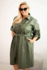 Plus Size women's dress made of eco-leather with a belt and collar khaki