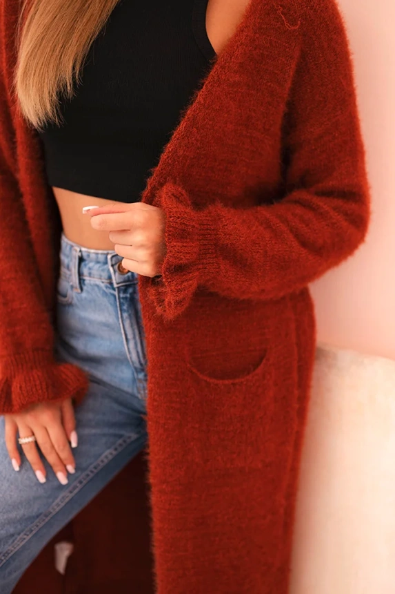 Women's long mohair cardigan with pockets red