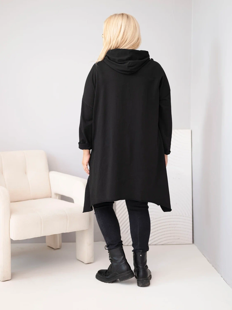 Bluza damska bawełniana Plus Size z kapturem i plecioną wstawką czarna