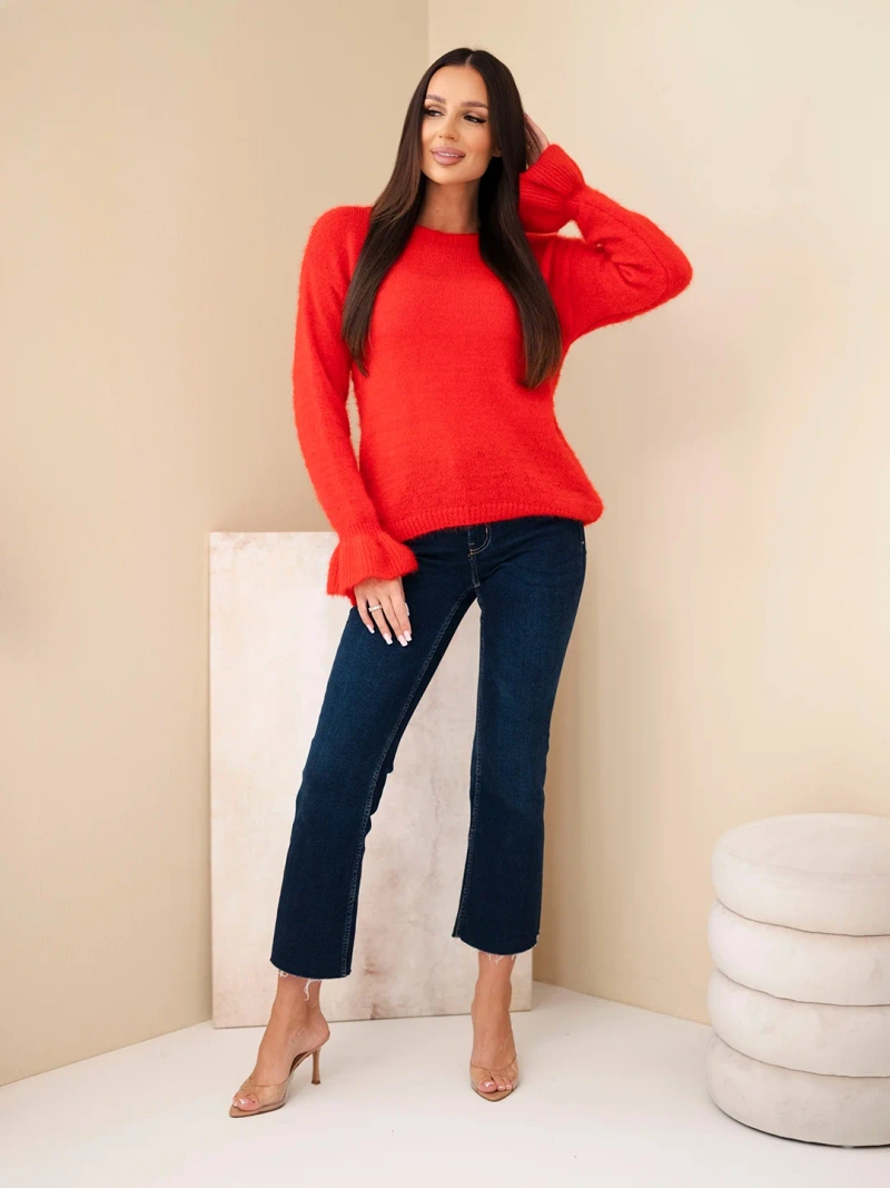 Women's sweater with mohair and wool with ruffle at the sleeves red