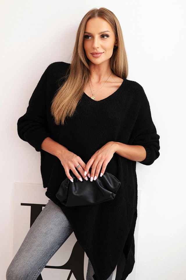 Women's asymmetrical wool sweater Plus Size with V-neck black