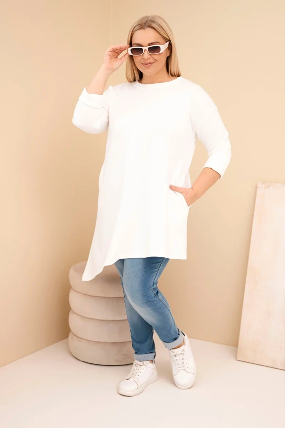 Damenkleid Plus Size aus Viskose mit lockerem Schnitt und langen Ärmeln ecru