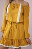 Off-the-shoulder dress and lace mustard