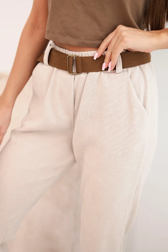 Women's corduroy pants with a belt beige