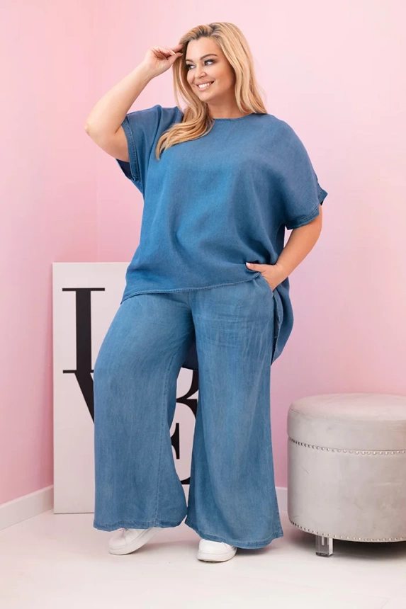 Dámsky komplet Plus Size z tencelu blúzka a nohavice s viazaním džínsový