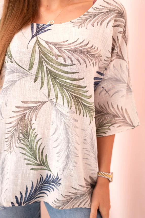 Dámská bavlněná halenka s lístky s ohrnovacími rukávy béžový