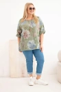 Dámska bavlnená blúzka Plus Size s krátkym rukávom a kvetinovým vzorom khaki