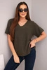Women's short-sleeved sweater top with a V-neck khaki