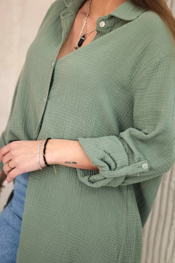 Bavlněná mušelínová košile oversize khaki