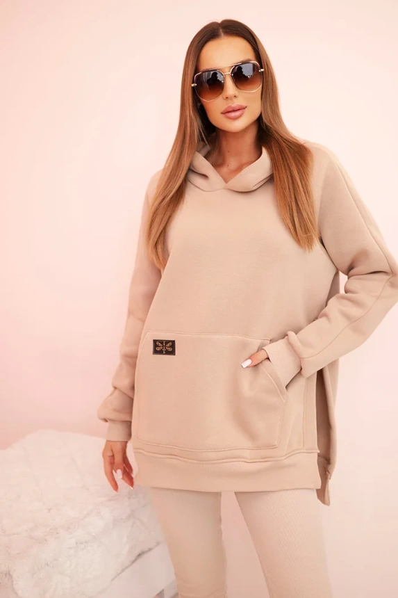 Damen Set aus Baumwolle mit Kapuzenpullover und Leggings mit hohem Bund beige