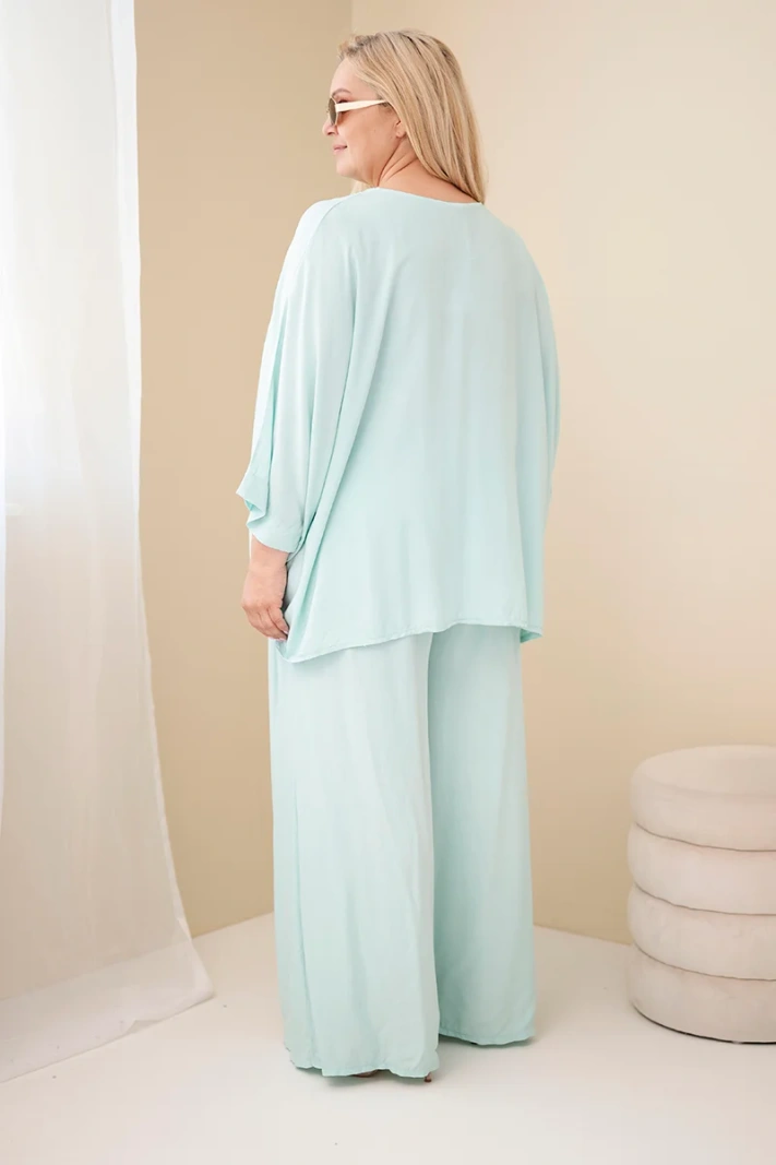 Komplet damski Plus Size wiskozowy z szerokimi spodniami i bluzką miętowy