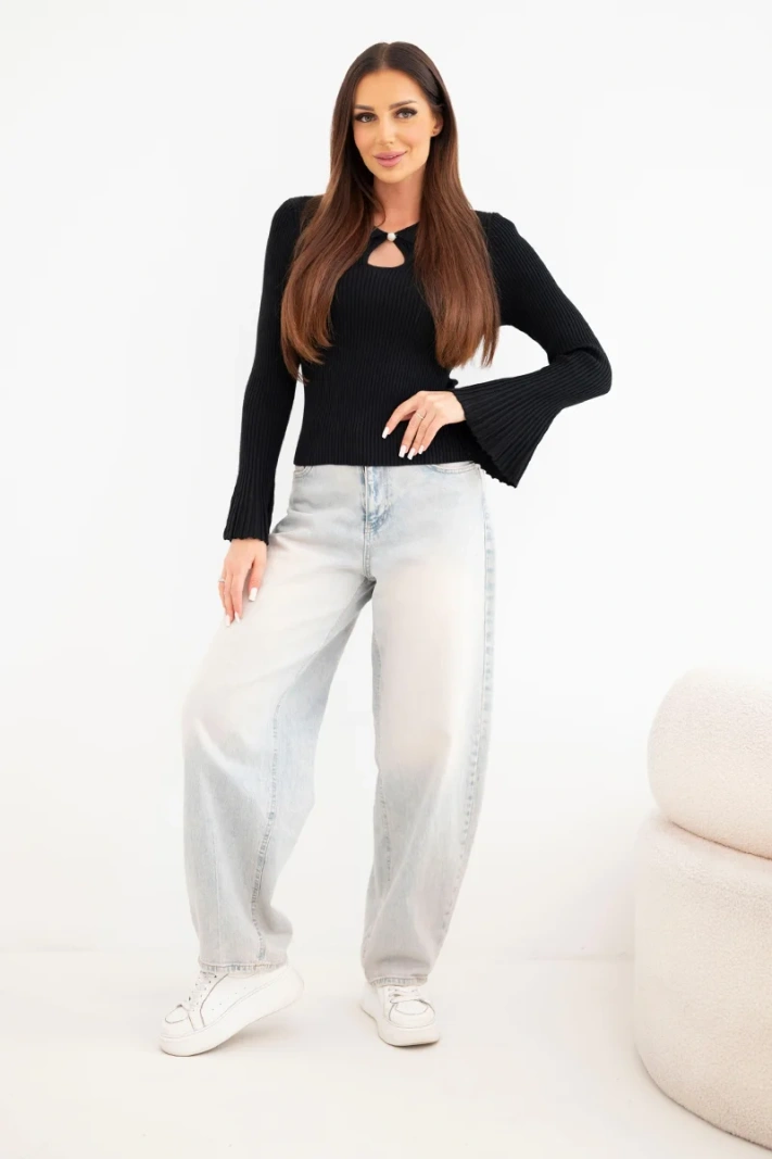 Women's ribbed viscose blouse with collar and wide sleeve black