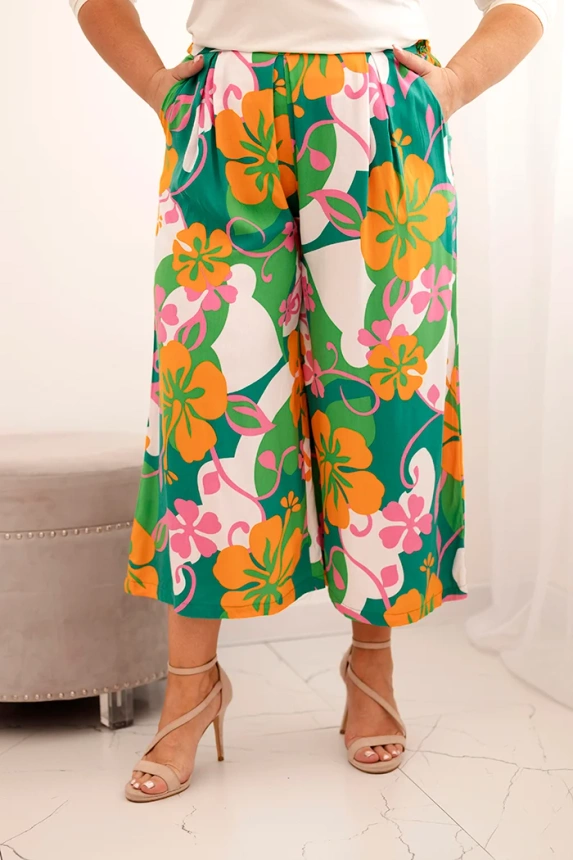 Women's Plus Size viscose trousers with floral pattern orange