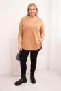 Dámská bavlněná blůza Plus Size s výstřihem do V a ohrnutými rukávy camelová