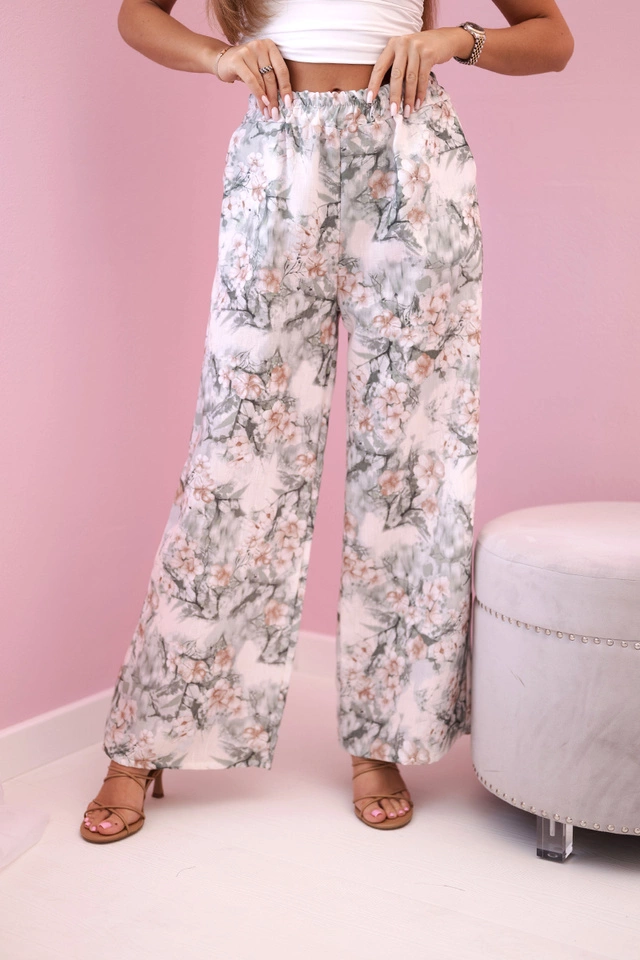 Spodnie damskie z szeroką nogawką w kwiaty ciemno miętowe