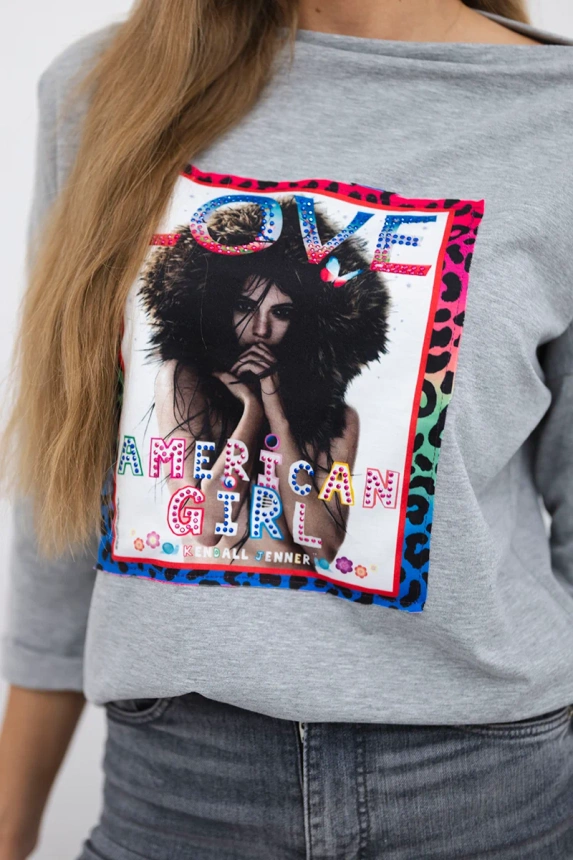 Amerikietiška mergaitė grafinė palaidinė pilka S/M - L/XL