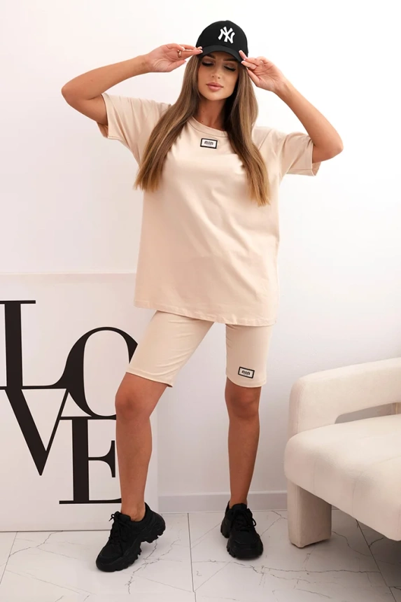 Women's cotton set with short sleeves and shorts beige