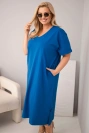 Moteriška Plus Size medvilninė suknelė su V formos iškirpte rugiagėlių mėlyna