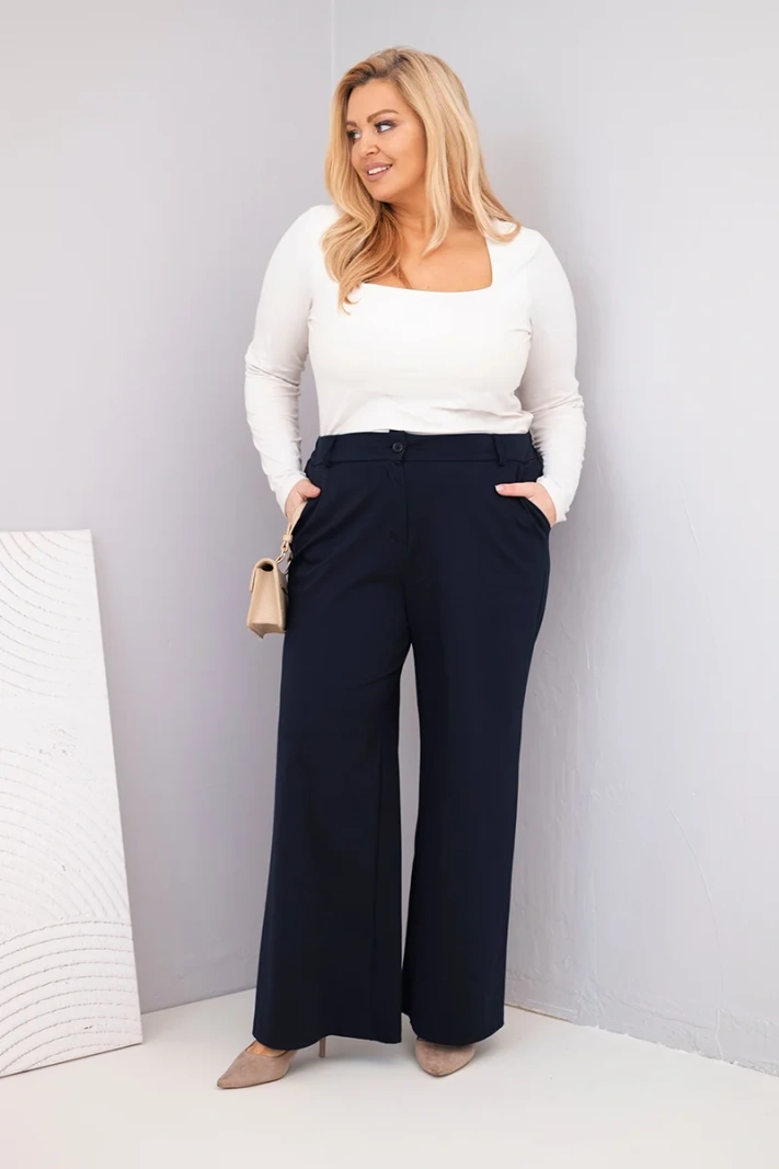 Dámske nohavice Plus Size so širokými nohavicami a vysokým pásom modré