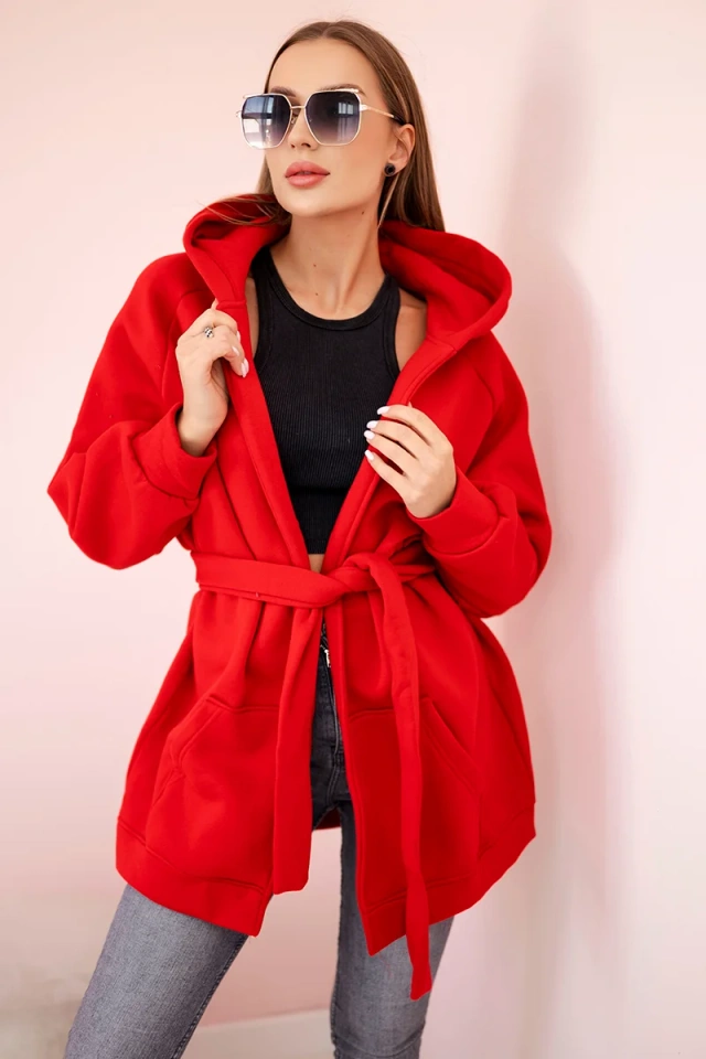 Narzutka ocieplana wiązana w pasie czerwona