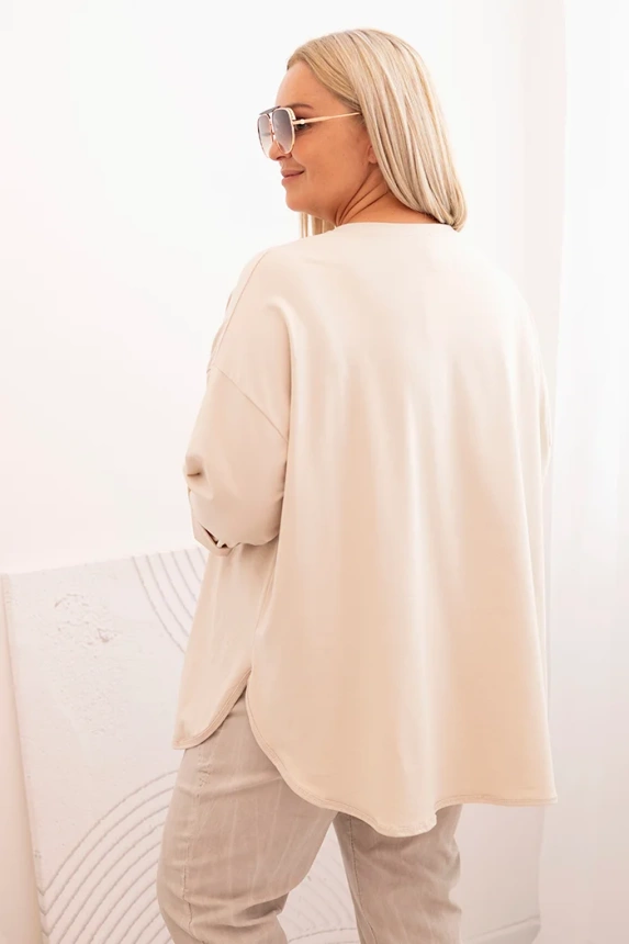 Damenbluse Plus Size aus Baumwolle mit Tasche und umgeschlagenem Ärmel beige