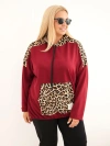 Plus Size women's viscose hoodie with leopard print inserts burgundy red