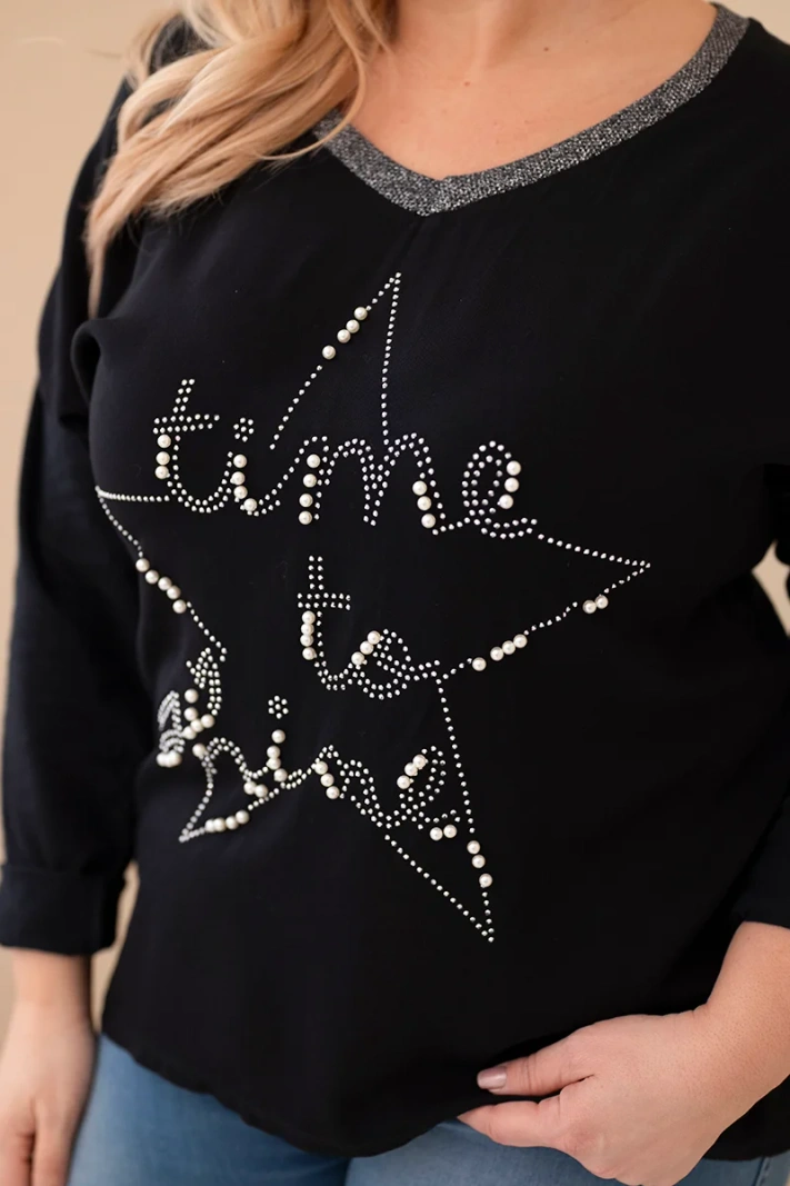 Dámská blůza Plus Size s nápisem a perlami černá