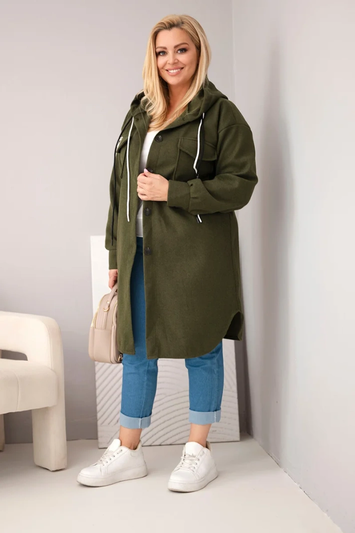 Women's plus-size hooded coat with button fastening khaki