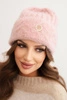 Women's ribbed cap made of fluffy viscose with a decorative metal button powder pink