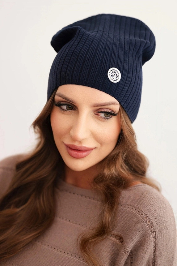 Women's ribbed hat with a decorative button made of wool and modal navy blue