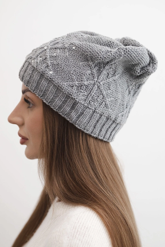 Women's winter hat with wool and decorative weave with pearls K470 dark gray