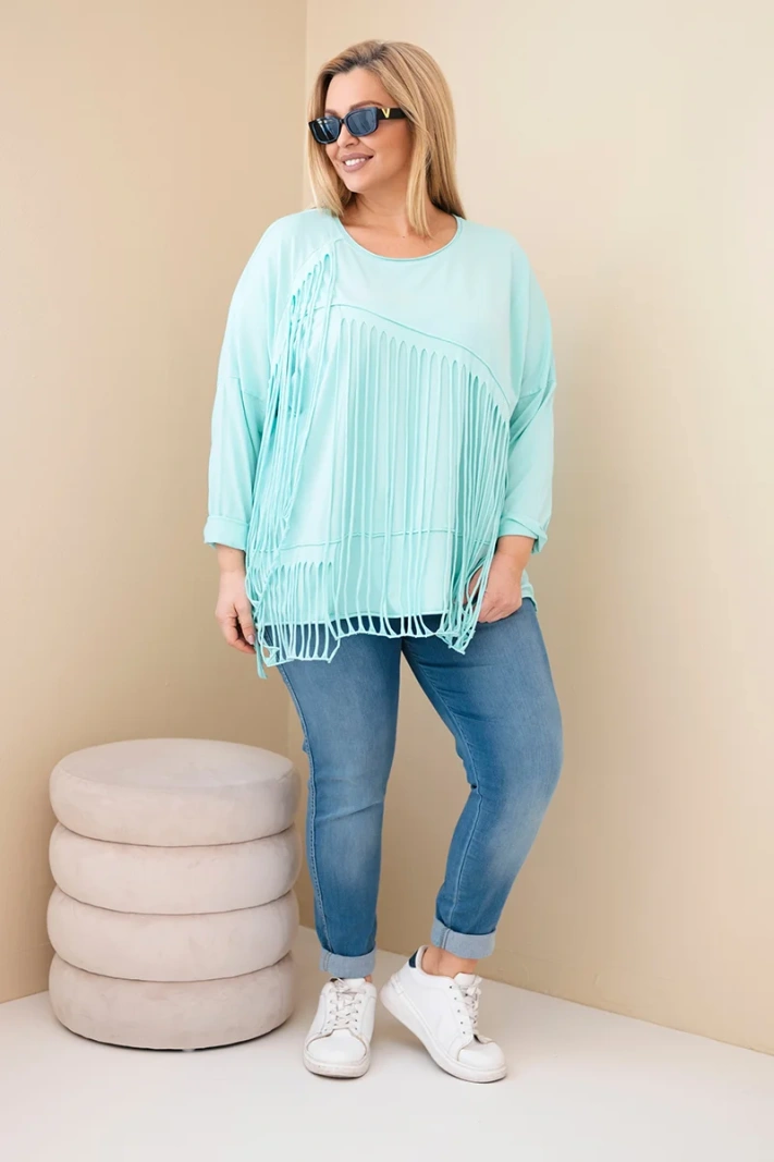 Plus Size women's cotton blouse with fringes mint
