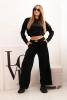 Women's velour tracksuit with wide legs and a hooded sweatshirt black