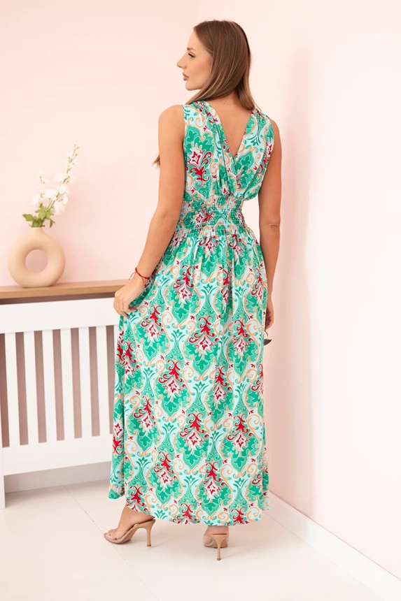 Damen-Baumwollkleid mit Raffung in der Taille und gebundenen Trägern grün